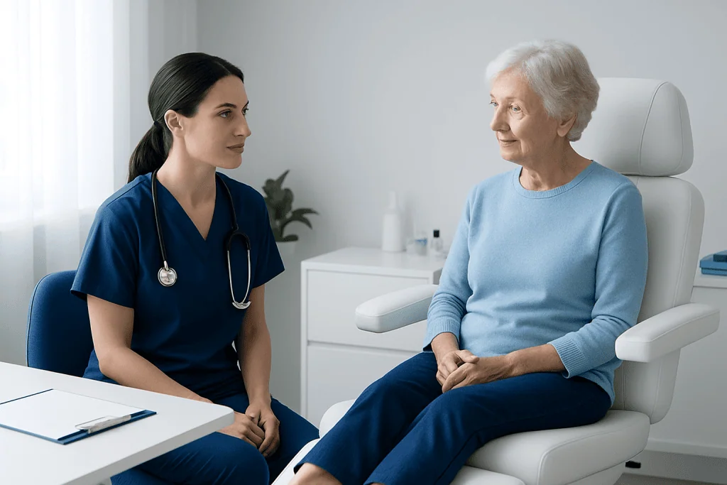 Doctor consulting with elderly patient in a medical clinic setting.