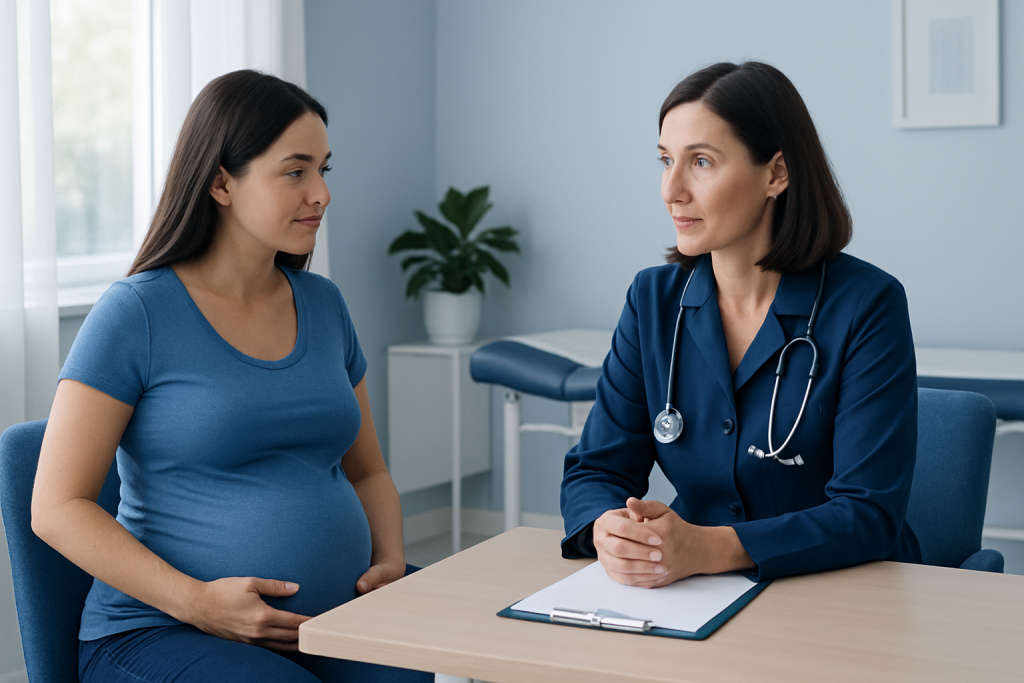 Pregnant woman consulting with a doctor in a medical office.