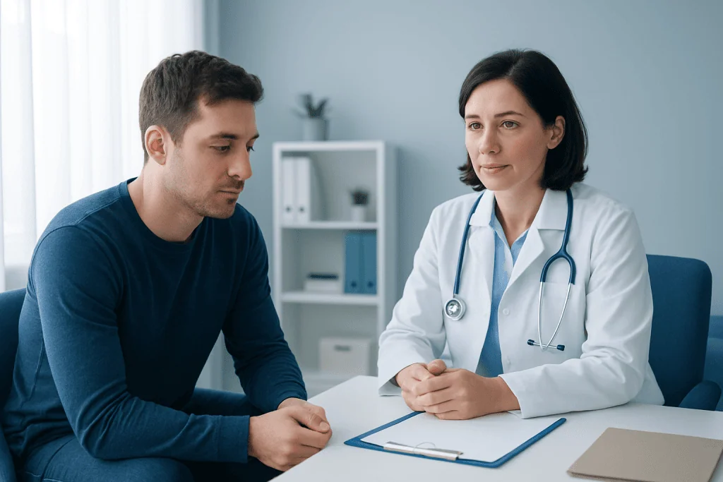Doctor consulting with a male patient in a medical office.