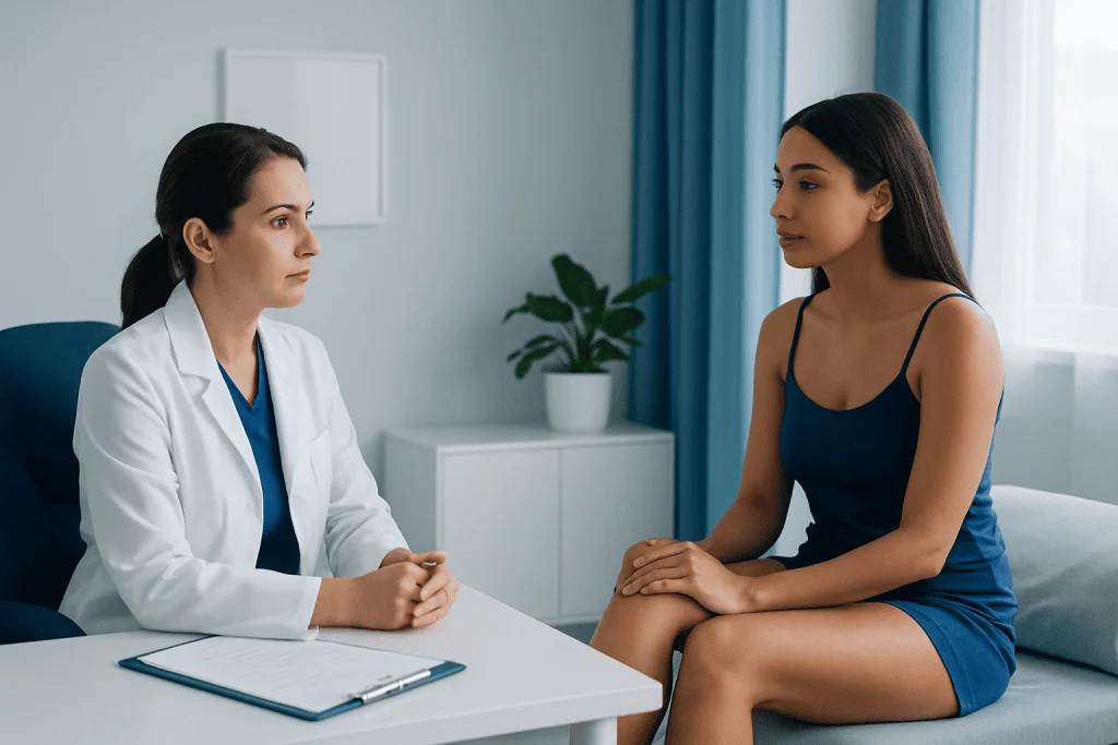 Doctor consulting with patient about laser hair removal treatment options.