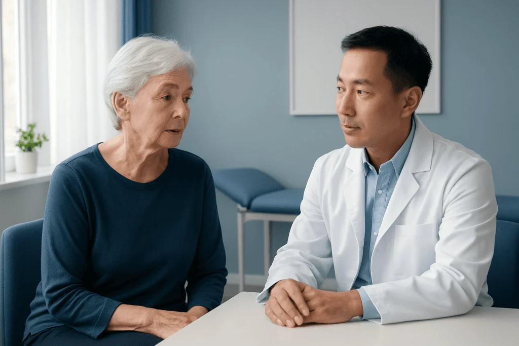 Doctor consulting with elderly woman in a medical office.
