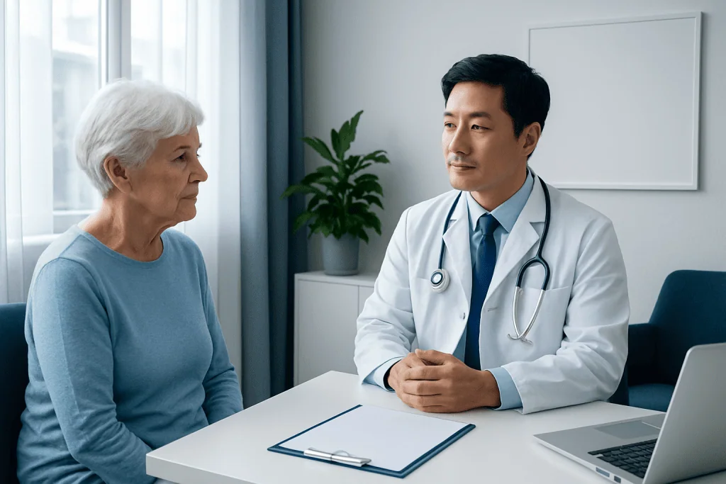 Doctor consulting with elderly woman in a medical office setting.