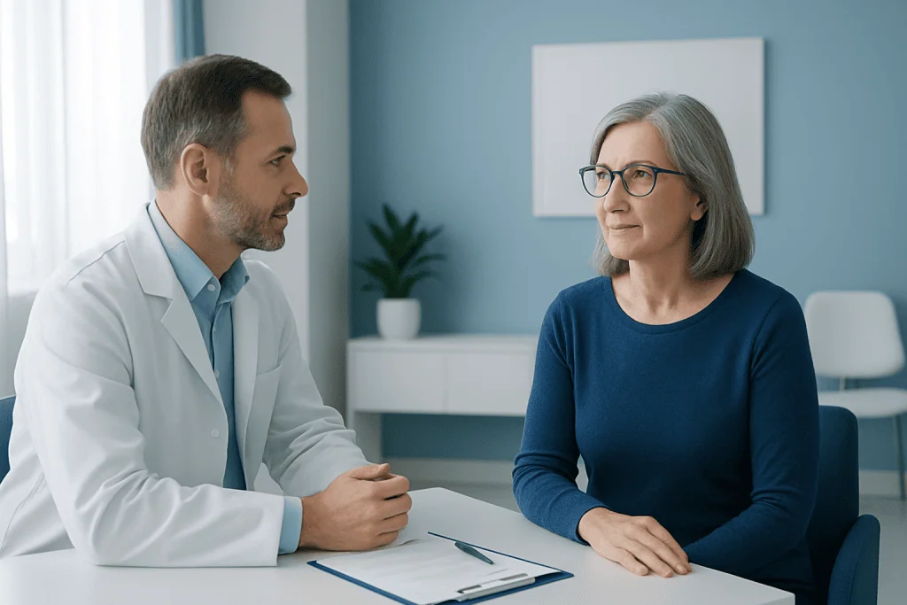 Optometrist consulting with an older female patient in a modern clinic.