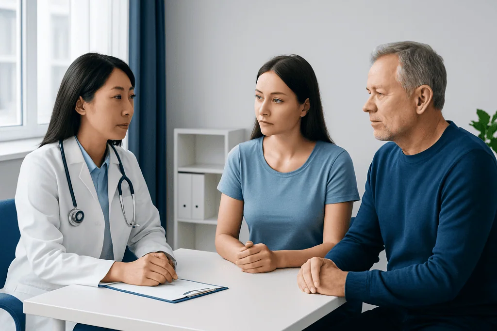 Doctor consulting with a patient and companion in a medical office.