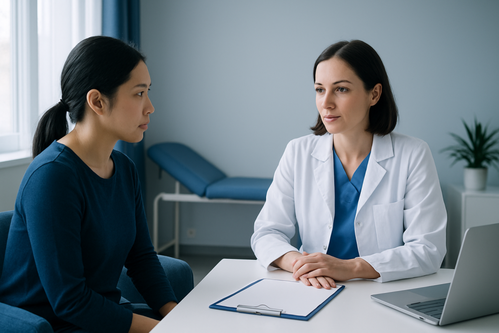 Doctor consulting with patient in a medical office setting.