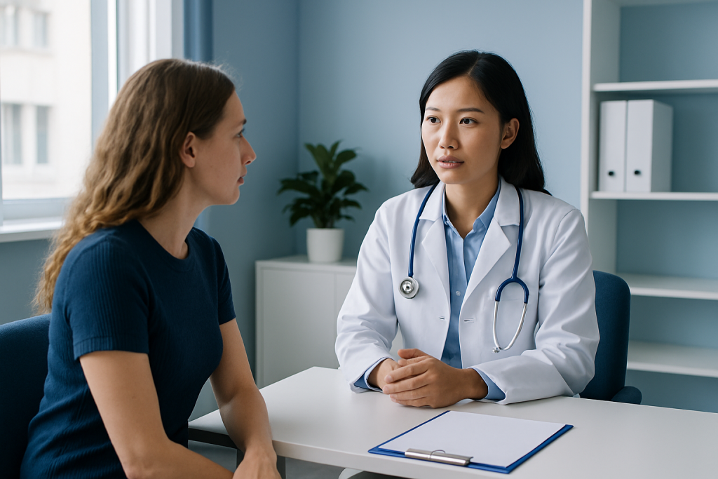 Doctor consulting with a patient in a modern medical office.