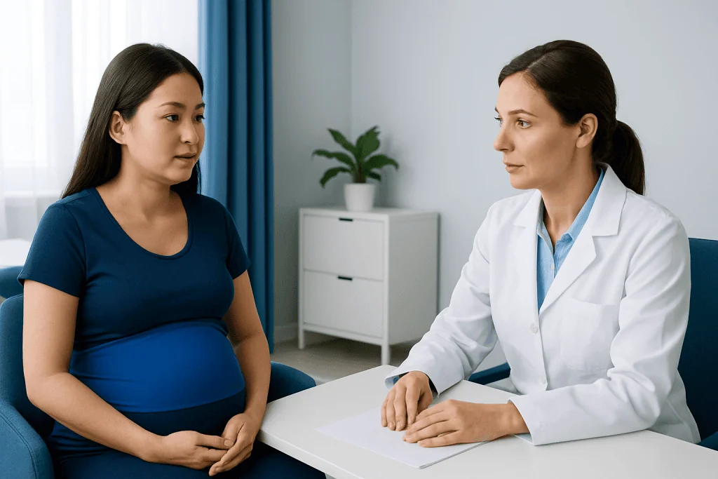 Pregnant woman consulting with a doctor in a clinical setting.