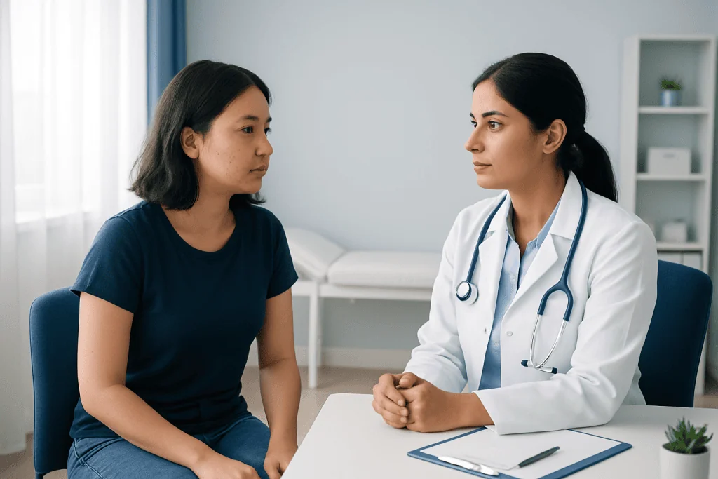 Doctor consulting with a patient in a modern clinic setting.