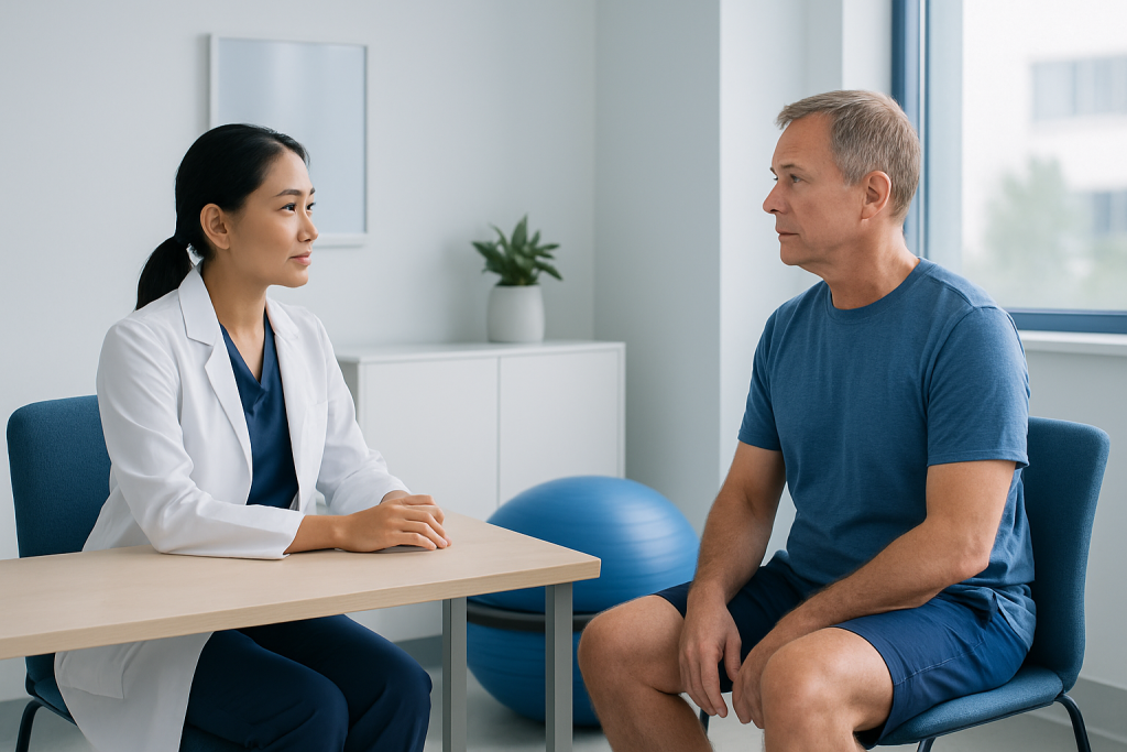 Doctor consulting with male patient in a modern clinic setting.