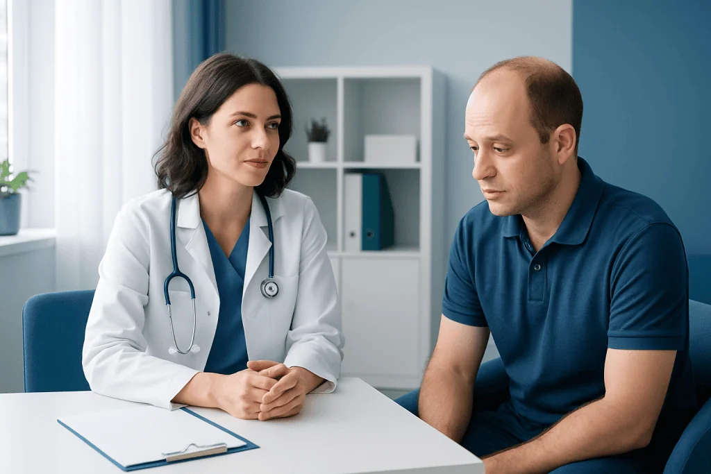 Doctor consulting with male patient in a modern clinic setting.