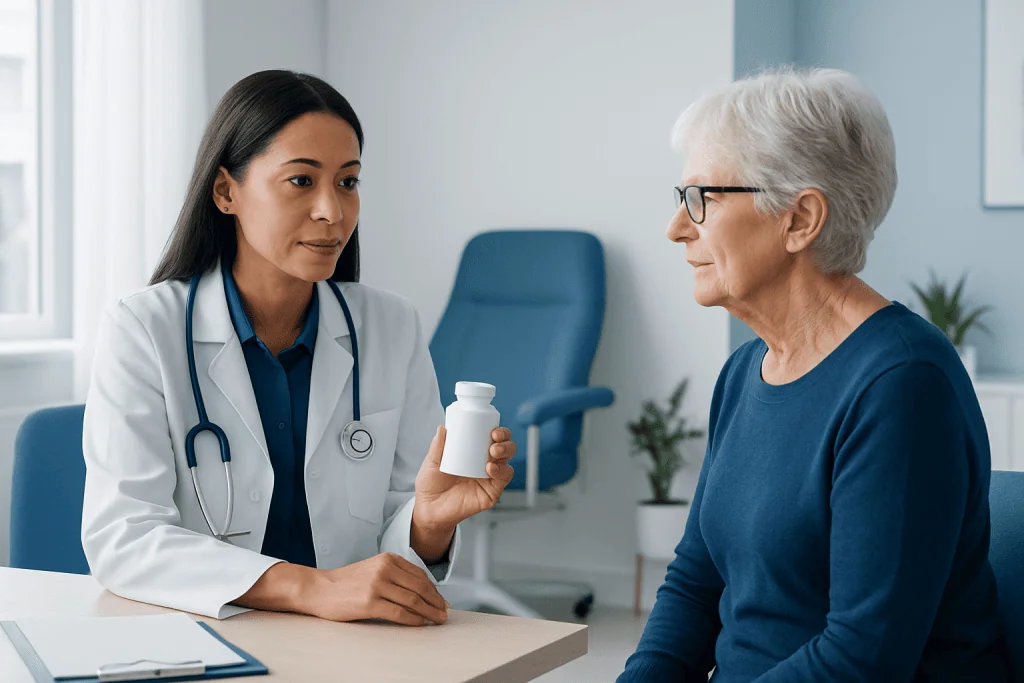 Doctor explaining multivitamin benefits to elderly woman in clinic.
