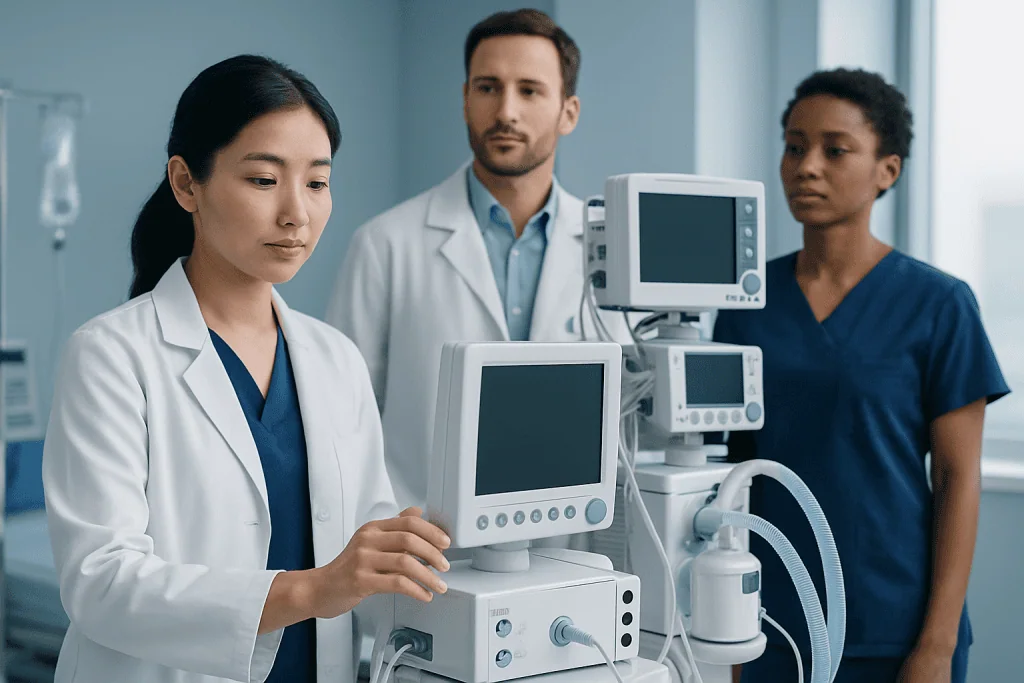 Medical team with monitors in a hospital setting.