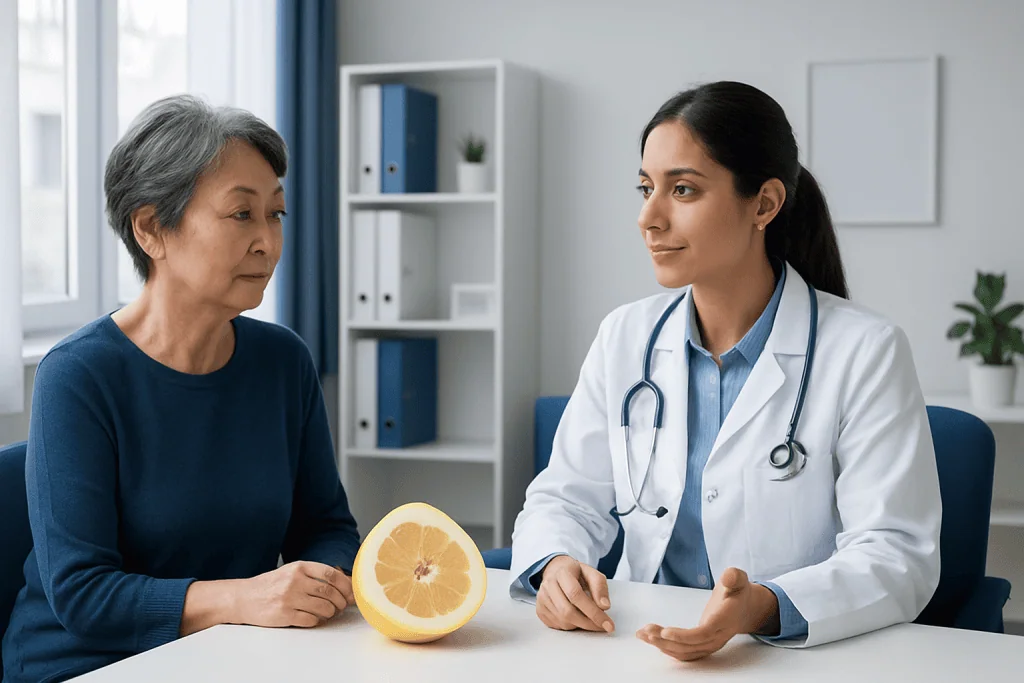 Doctor consulting with an elderly patient about health in a medical office.