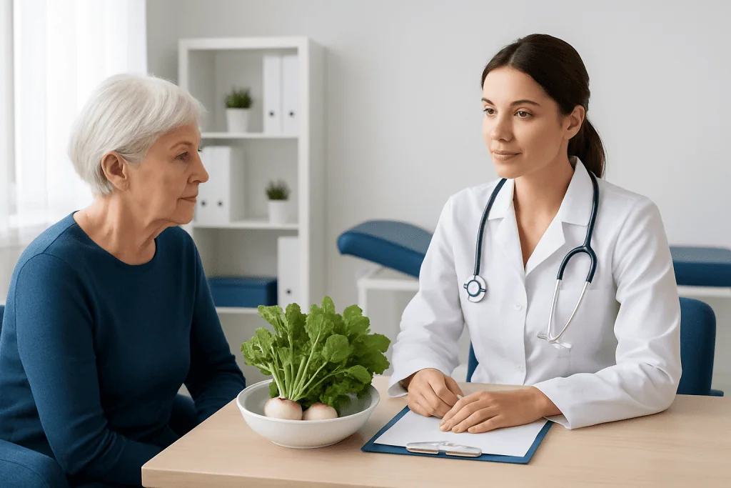 Doctor consulting elderly patient about health with vegetables on table.