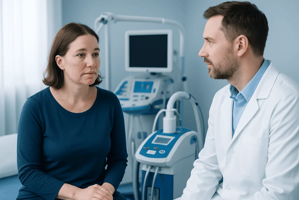 Doctor consulting with a patient in a medical clinic setting.