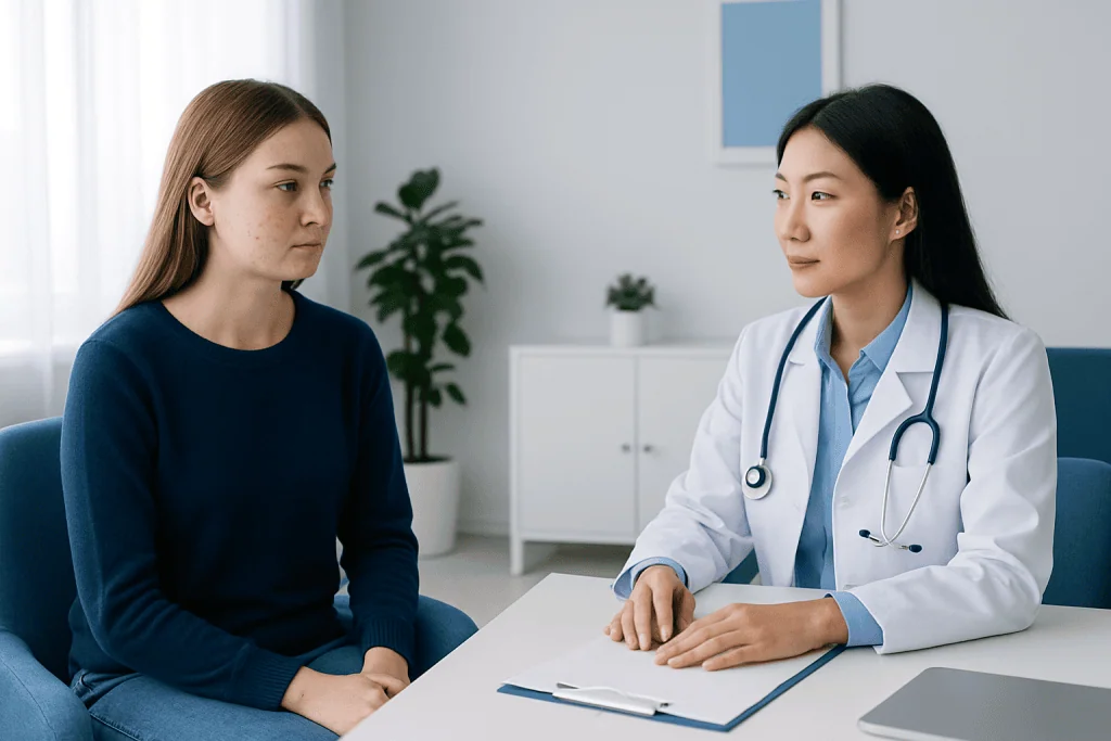Doctor consulting with a young female patient in a modern clinic.