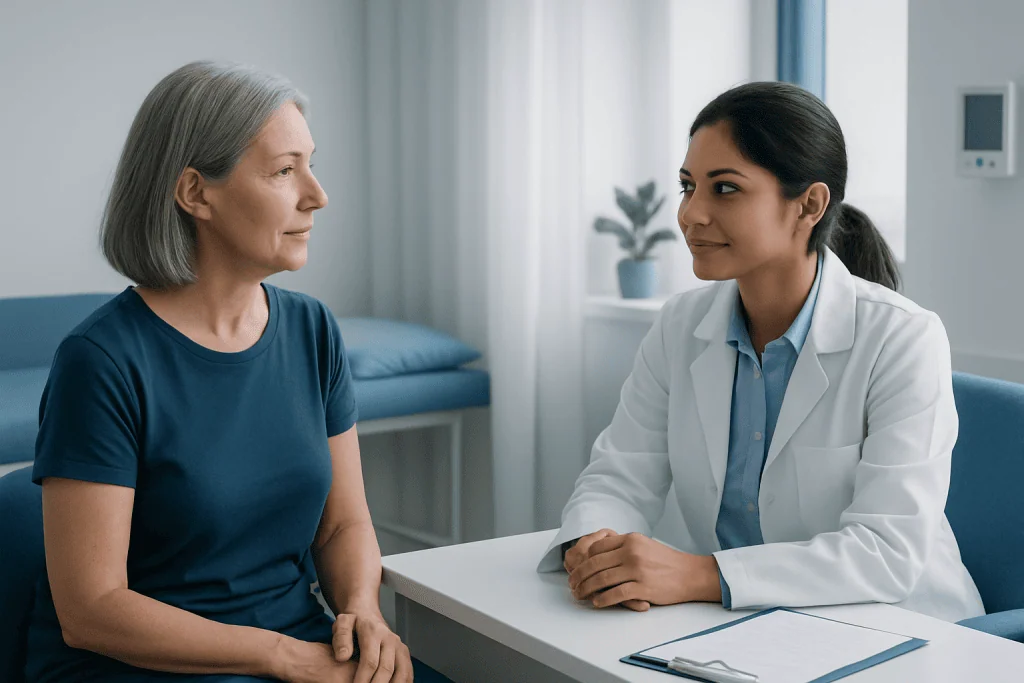 Doctor consulting with an elderly female patient in a medical office.