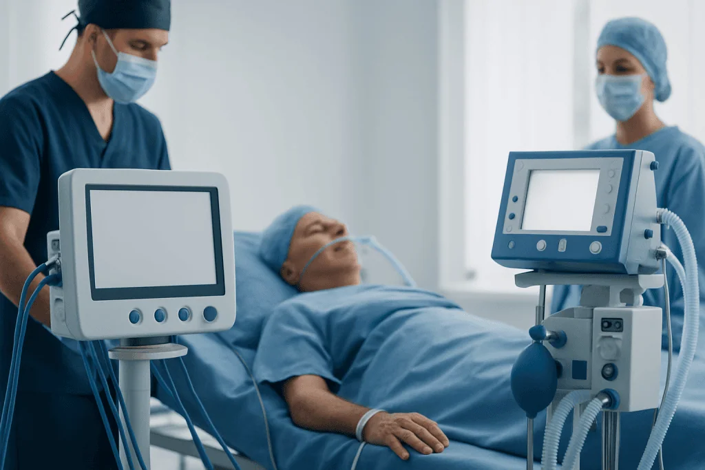 Medical team preparing patient for coronary artery bypass surgery at Acibadem Hospital.