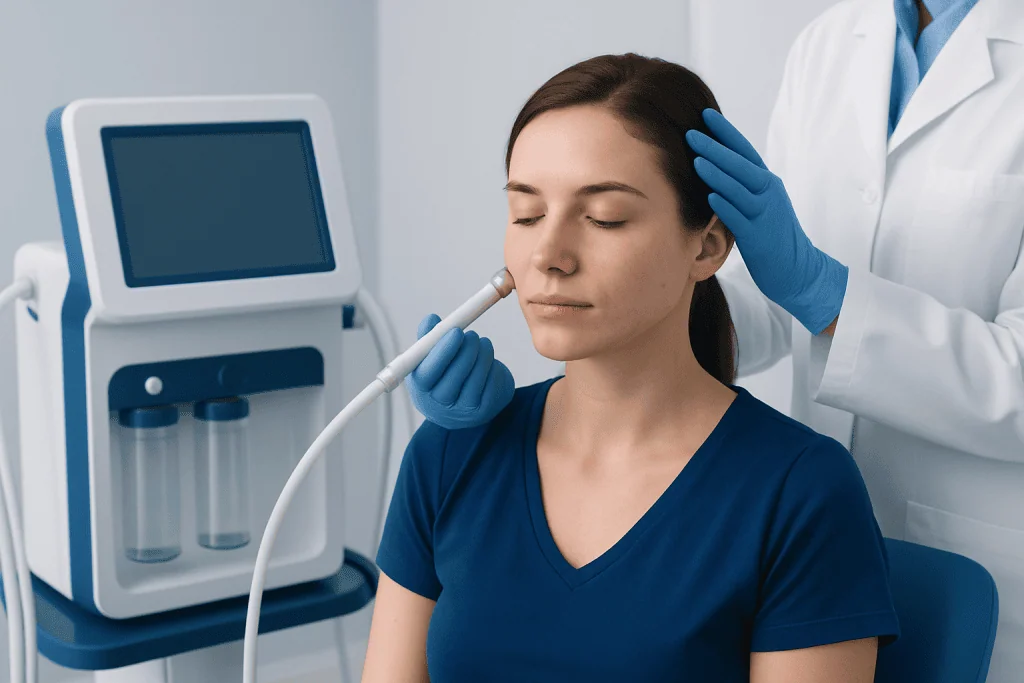 Medical professional performs skin treatment on a patient in a clinical setting.
