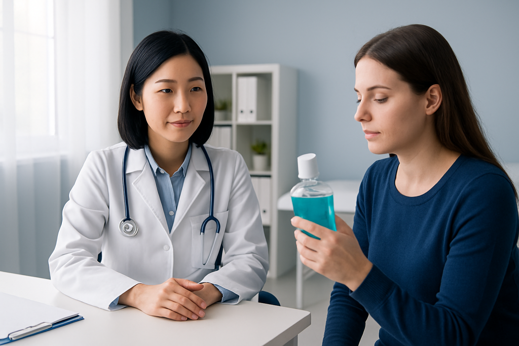 Doctor explaining mouthwash to patient in a clinical setting.