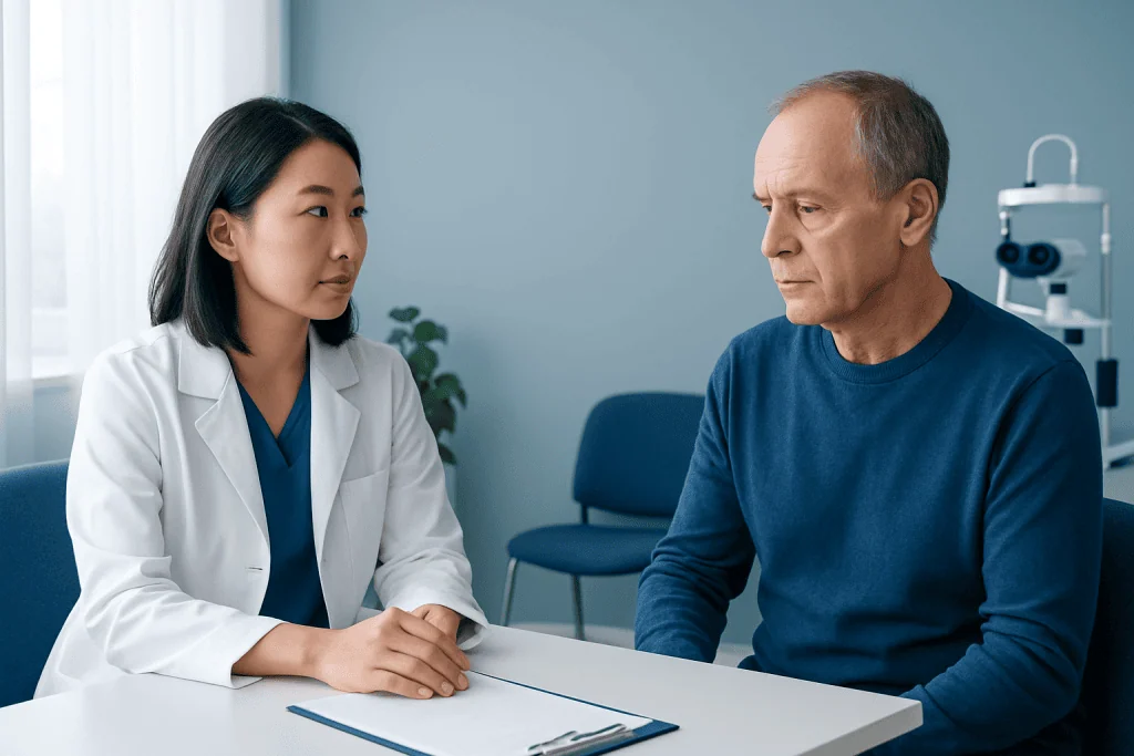 Doctor consulting with patient about eye health in a clinical setting.