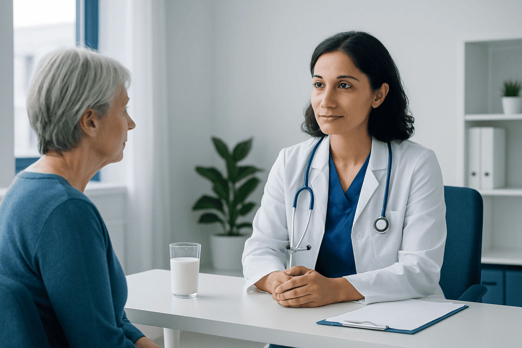 Doctor consulting with elderly patient in a medical office setting.