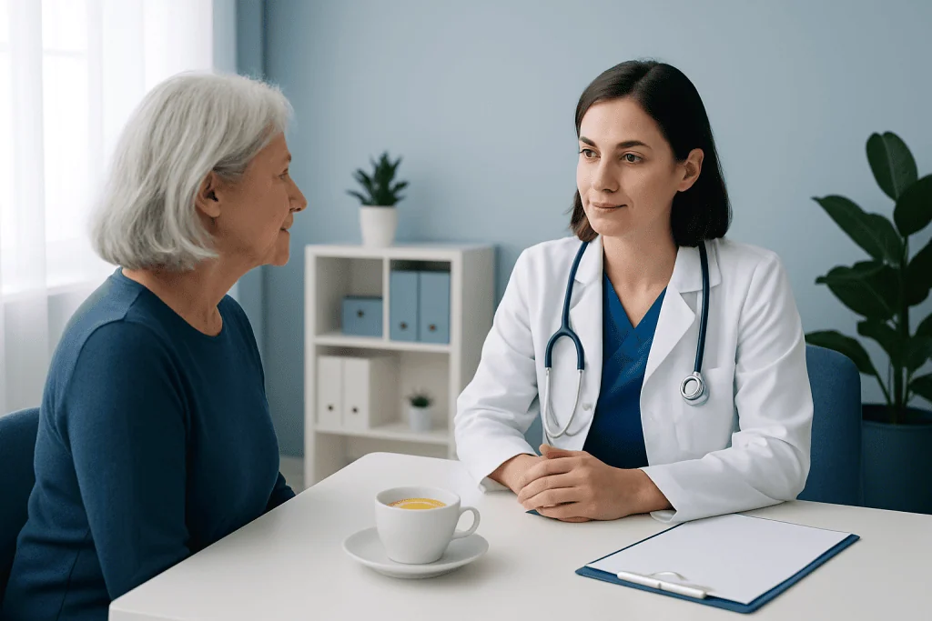 Doctor consulting elderly patient in a medical office setting.