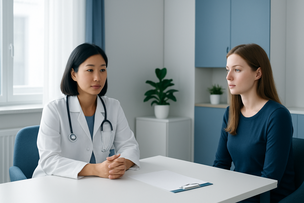Doctor consulting with patient in a modern medical office.
