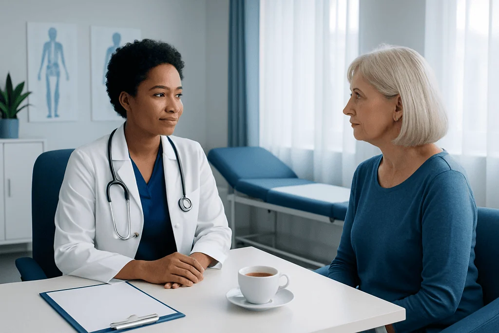 Doctor consulting with an elderly patient in a hospital room.