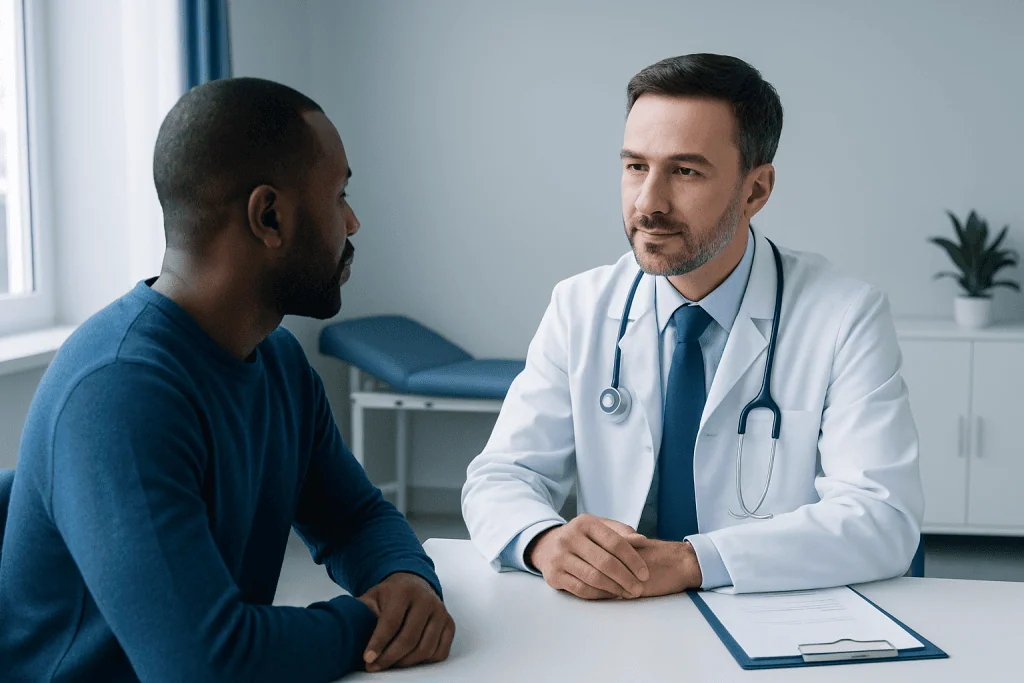 Doctor consulting with a patient in a medical office setting.