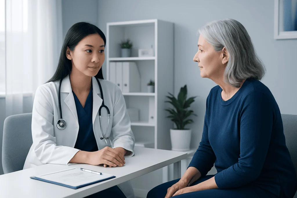 Doctor consulting with an elderly female patient in a medical office.
