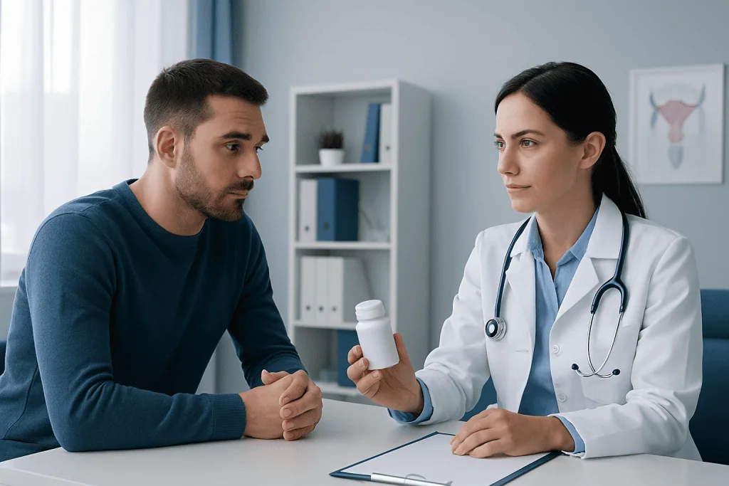 Doctor consulting with male patient about supplements in clinic setting.