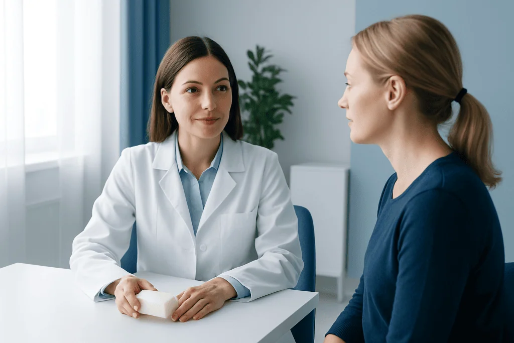 Doctor consulting with patient in a medical office setting.