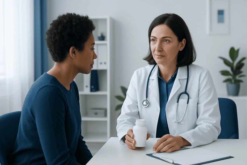 Doctor consulting with patient in a medical office setting.