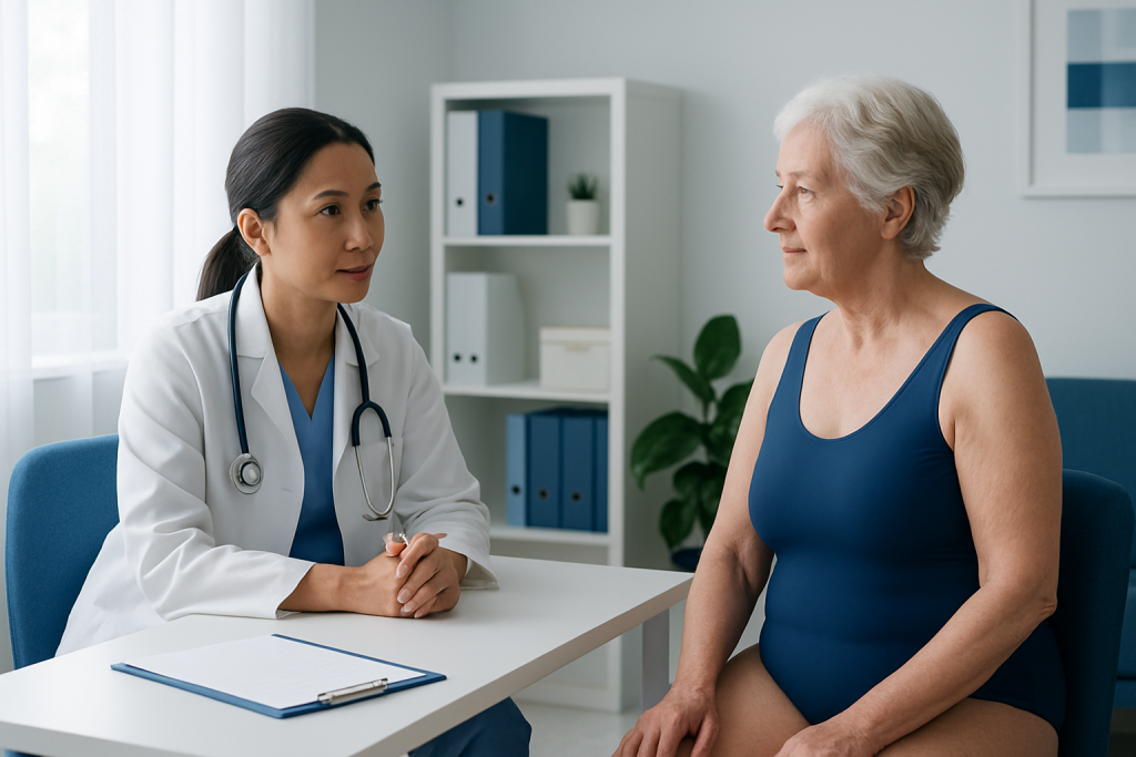 Doctor consulting with an elderly female patient in a medical office.