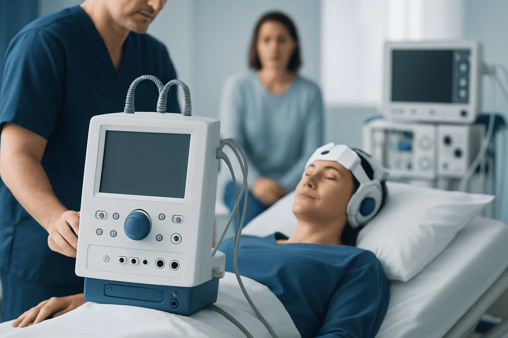 Patient undergoing electroconvulsive therapy in a hospital setting.