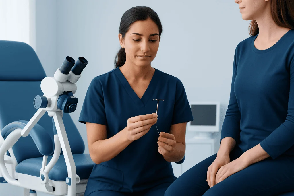 Healthcare professional preparing a copper IUD for insertion consultation.