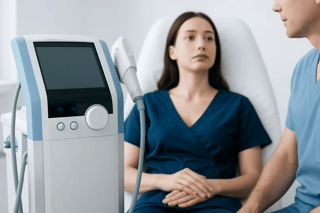 Medical consultation with ultrasound device at Acibadem Hospital.