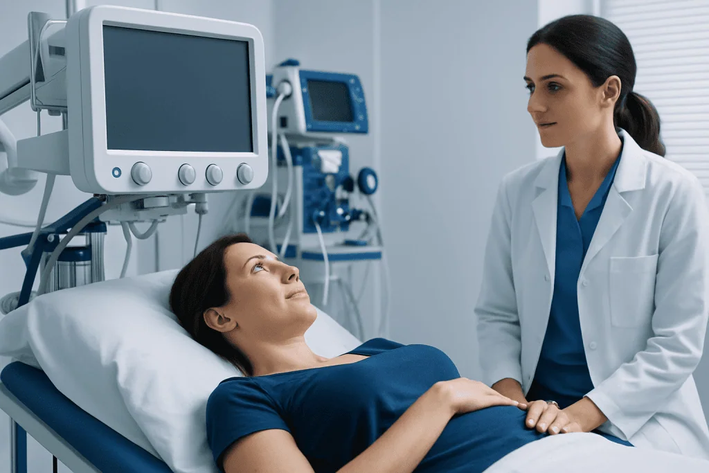 Doctor consulting with patient in hospital room with medical equipment.