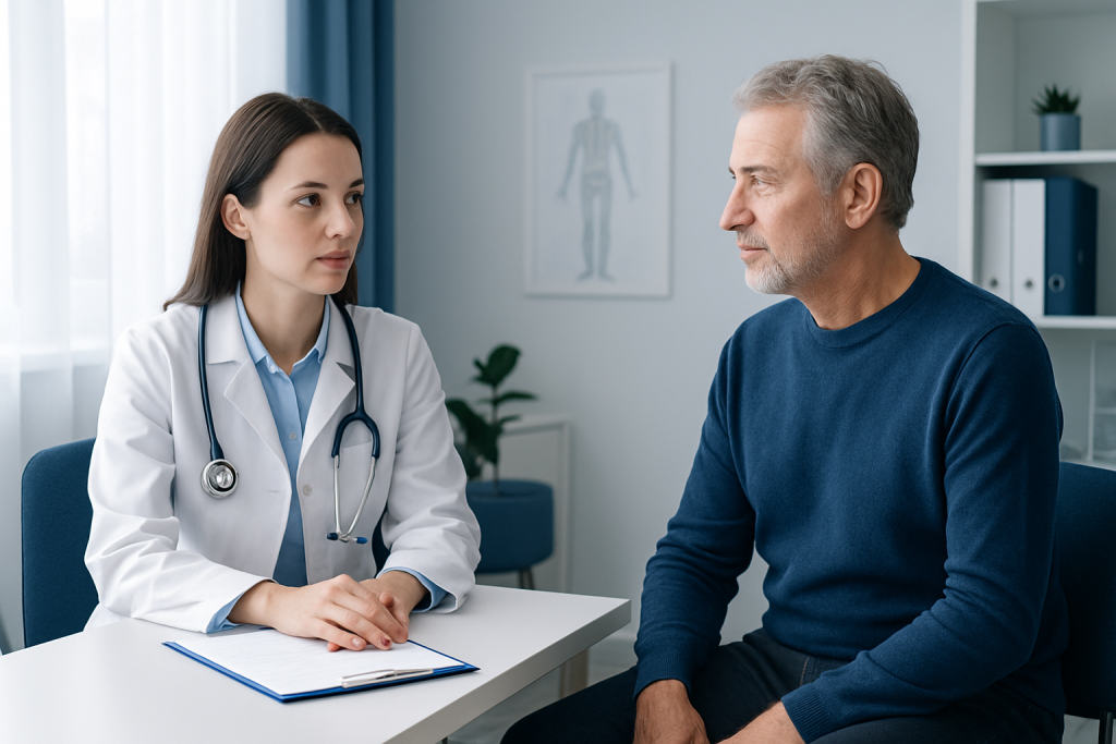 Doctor consulting with an older male patient in a medical office.