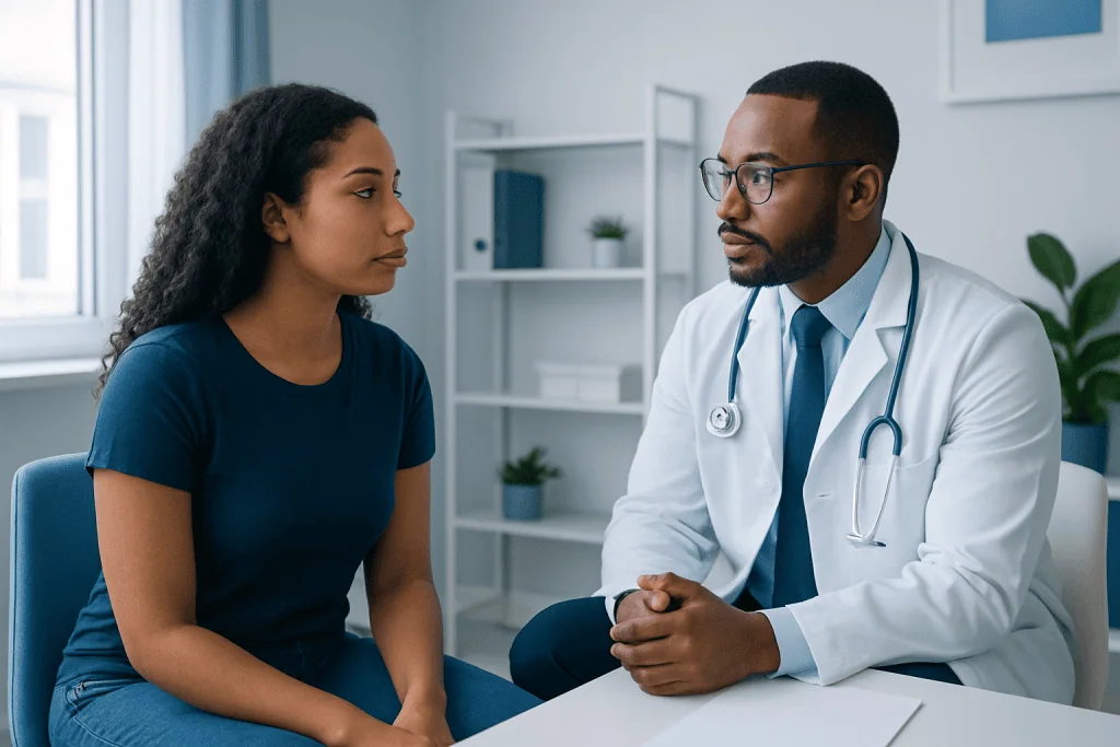 Doctor consulting with a patient in a modern medical office.