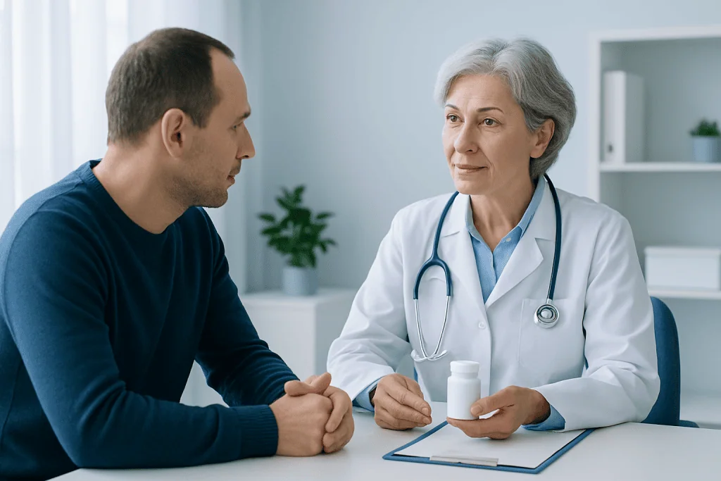 Doctor consulting with a patient in a modern medical office.