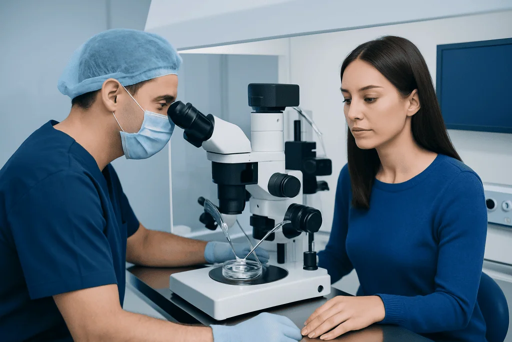 Fertility specialist examines a patient with a microscope at Acibadem Hospitals Group.