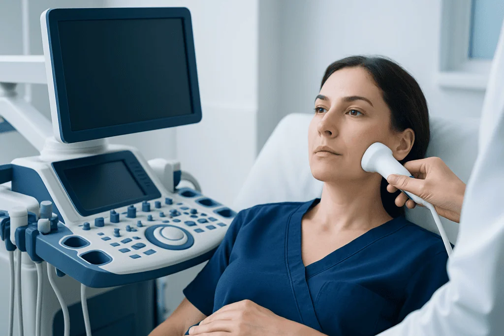 Medical examination with ultrasound device at Acibadem Hospital.