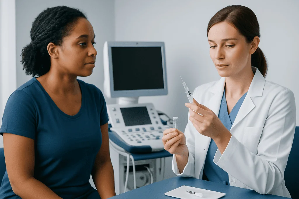 Doctor preparing a contraceptive injection for a patient in a medical clinic.
