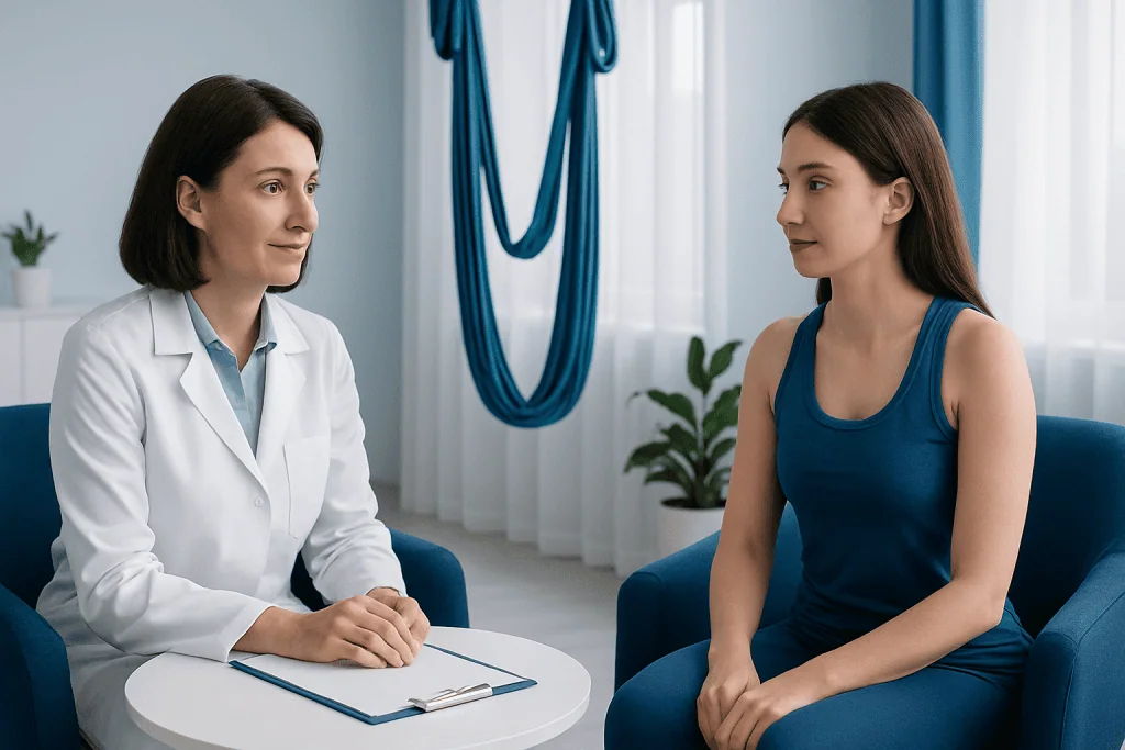 Doctor consulting with a young woman in a medical office setting.