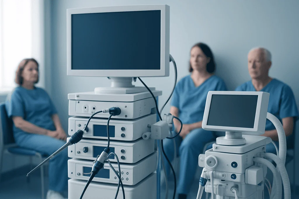 Medical consultation room with monitors and patients in blue gowns.