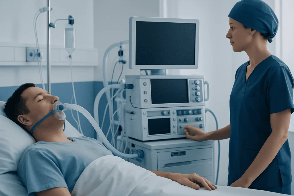 Patient in hospital bed connected to ventilator and monitoring equipment.