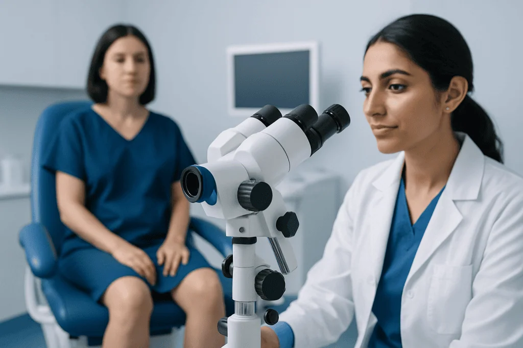 Medical professional examining a patient with a microscope in a clinical setting.
