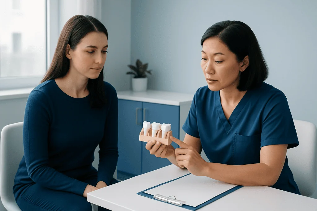 Dentist explaining dental bridge options to a patient in a clinic setting.